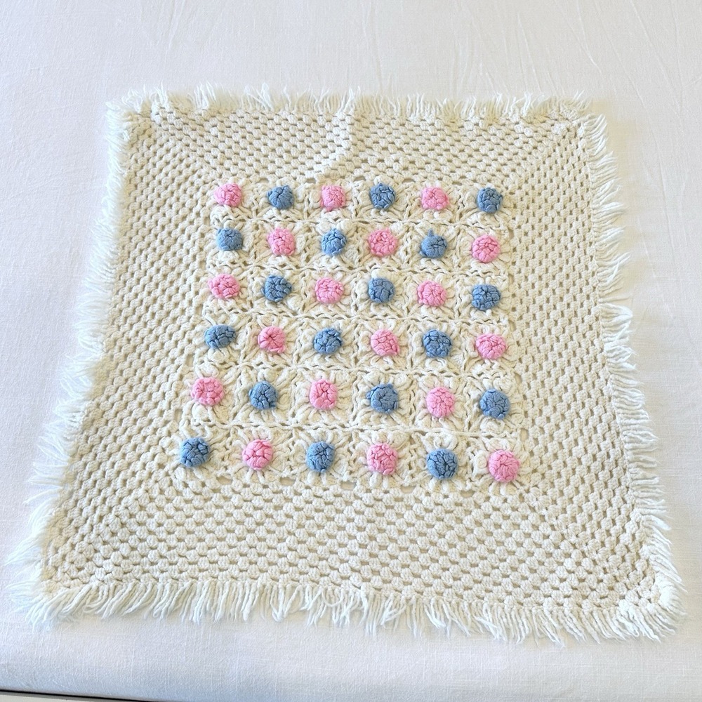Handmade Crocheted Afghan Baby Blanket Doll 31"x31" White Pink Blue Rosettes